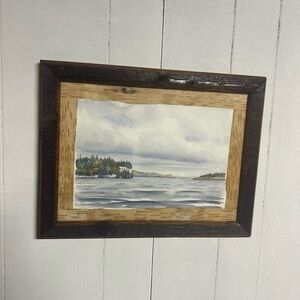 Original Lake Landscape Watercolor Painting in Live Edge & Birchbark Wood Frame